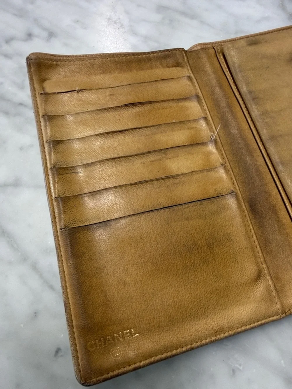 CHANEL Vintage Timeless Long Wallet in Beige Caviar Leather